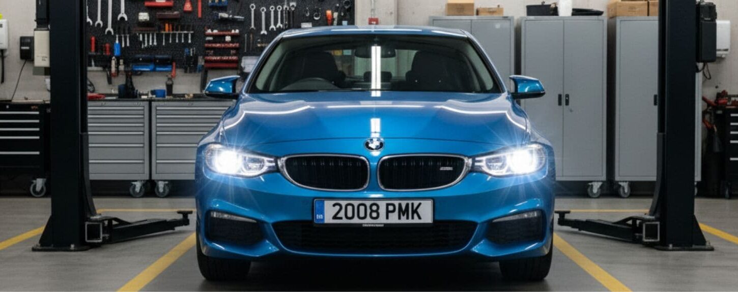 Coche con los faros encendidos en un taller