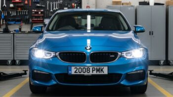 Coche con los faros encendidos en un taller